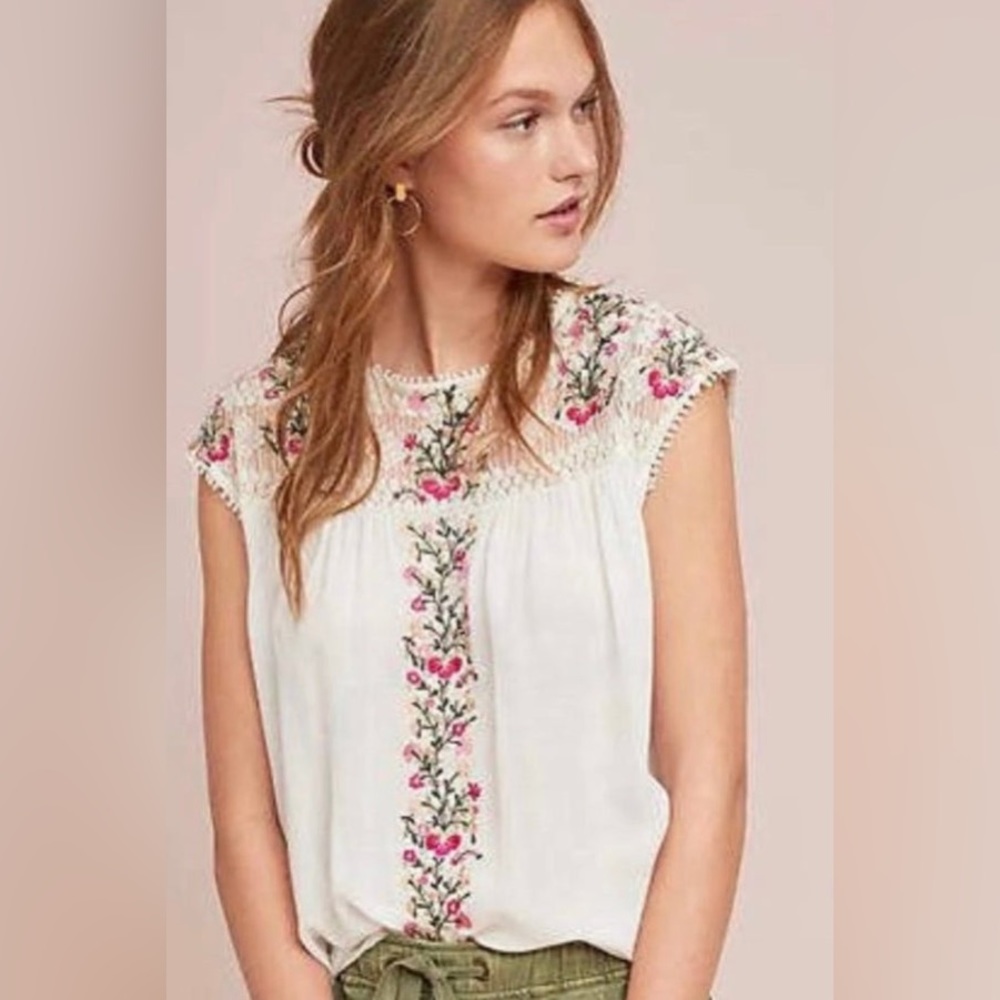 ANTHROPOLOGIE RANNA GILL ELOISE EMBROIDERED LACE TOP LARGE